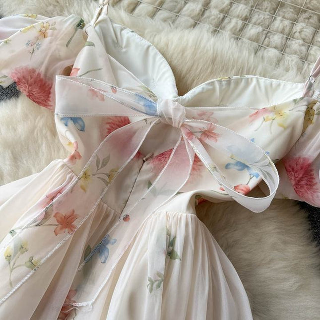 Plunge Halter Women Summer Floral Bubble Sleeve Mesh Dresses