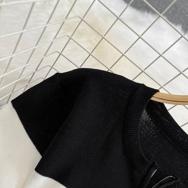 Summer Clashing Color Round Neck Zipper Waisted Knit Tight Casual Dresses