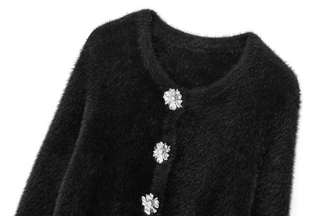 Crew Neck Single Breasted Black Color Long Sleeve Knitted Casual Fashion Cardigan Sweater for Women