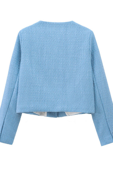 4 Colorway Crew Neck Solid Color Single Breasted Long Sleeve Casual Fashion Tweed Jacket for Women