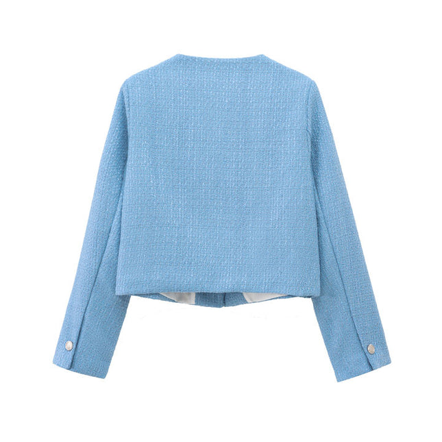4 Colorway Crew Neck Solid Color Single Breasted Long Sleeve Casual Fashion Tweed Jacket for Women