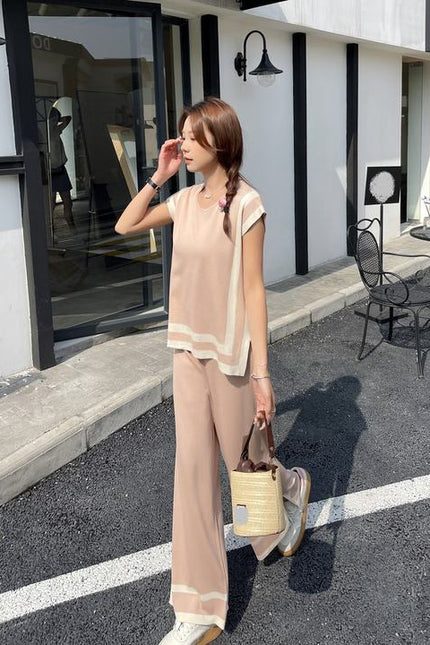 2024 New Fashion Simple Splicing Loose Shawl Sleeves Sweater Top High Waist Slimming Wide Leg Pants Two Piece Set