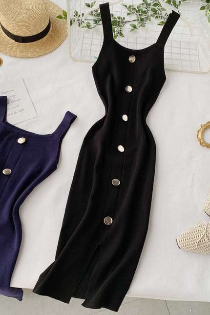 Summer Womens Fashion Dress Vent Button Sleeveless Halter Square Collar Knit Dress