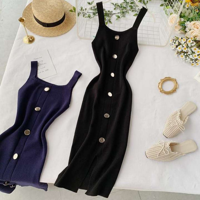 Summer Womens Fashion Dress Vent Button Sleeveless Halter Square Collar Knit Dress