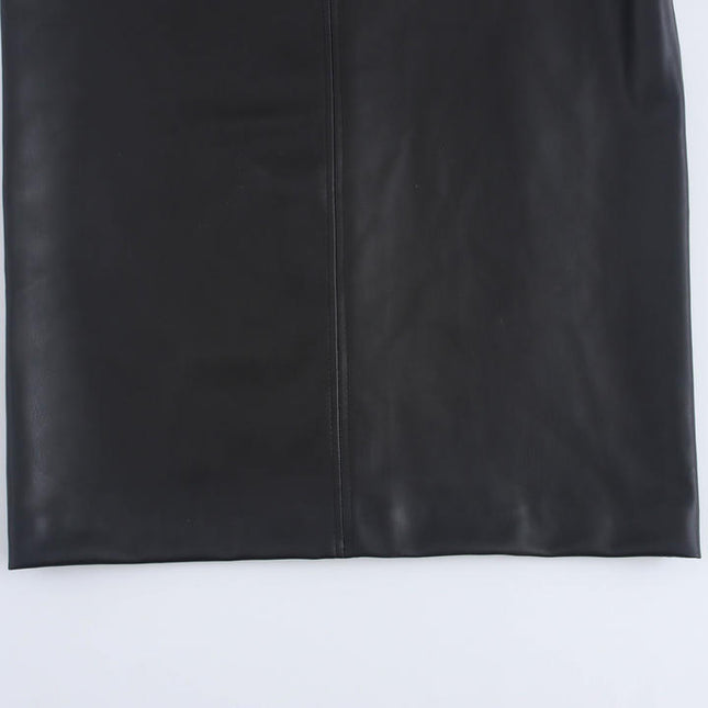 Asymmetrical Design Black Color Short Sleeve Casual Fashion Leather Long Dress for Women