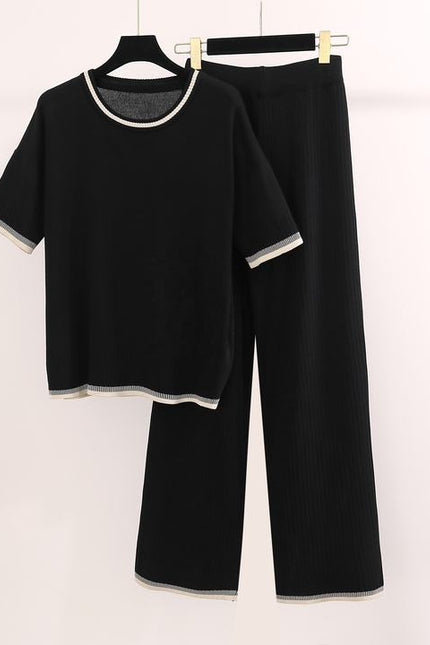 Fashionable Round Neck Short Sleeved Knitted Sweater High Waist Drooping Feeling Long Pants Pit Stripe Knit Two-Piece Set