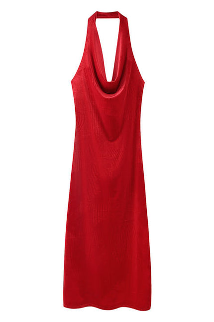 Back Hollow Out Red Color Sleeveless Zipper Fly Casual Fashion Maxi Halter Dress for Women