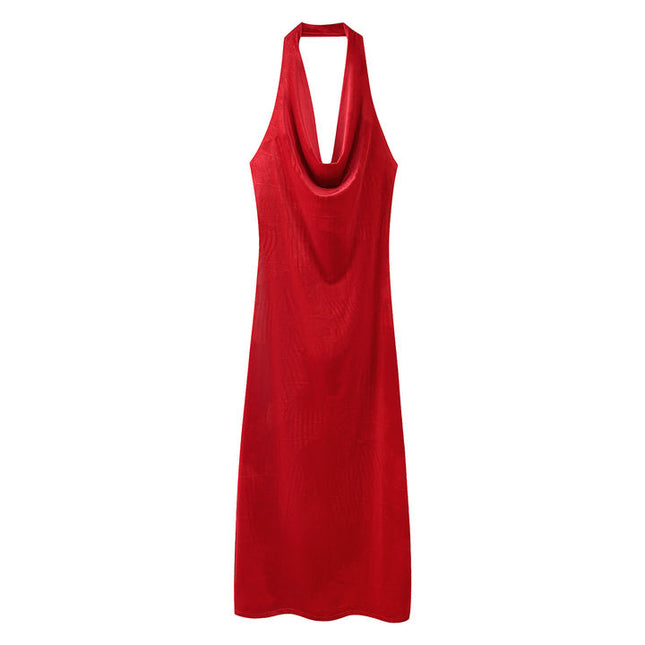 Back Hollow Out Red Color Sleeveless Zipper Fly Casual Fashion Maxi Halter Dress for Women