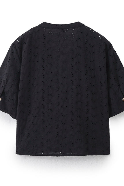 V Neck Buttons up Black Color Embroidery Short Sleeve Eyelet Casual Fashion Tops Blouse for Women