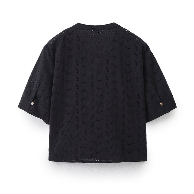 V Neck Buttons up Black Color Embroidery Short Sleeve Eyelet Casual Fashion Tops Blouse for Women