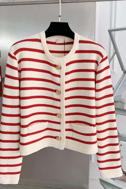 Round Neck Color Clashing Striped Knitted Cardigan Women Spring Autumn French Loose Short Sweater Jacket