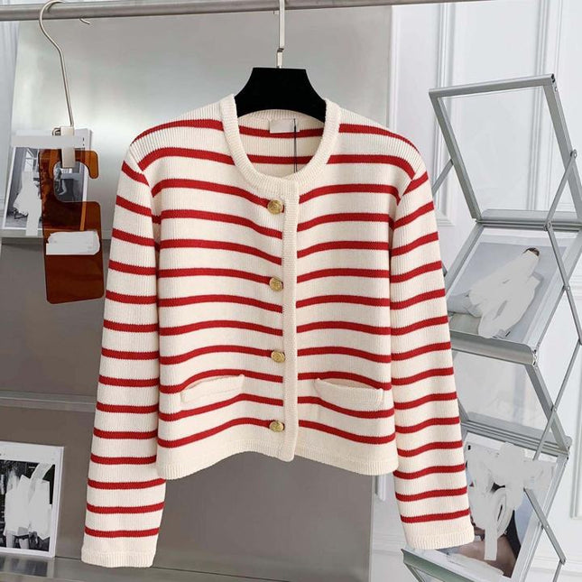 Round Neck Color Clashing Striped Knitted Cardigan Women Spring Autumn French Loose Short Sweater Jacket