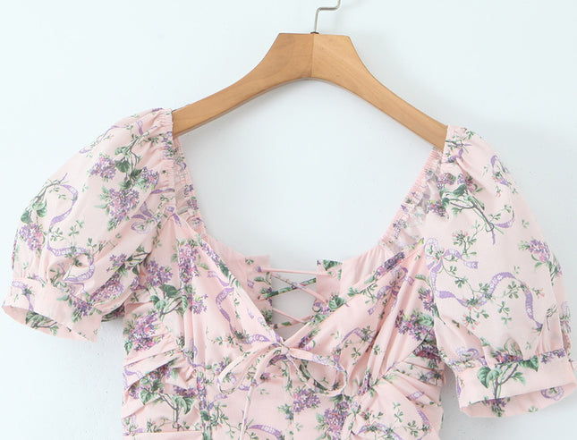 Square Collar pink Color Floral Print Short Sleeve Casual Fashion Summer Long Dress for Women