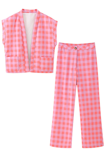 Plaid Print pink Open Stitch Short Sleeve Casual Fashion Winter Padded Jacket for Women