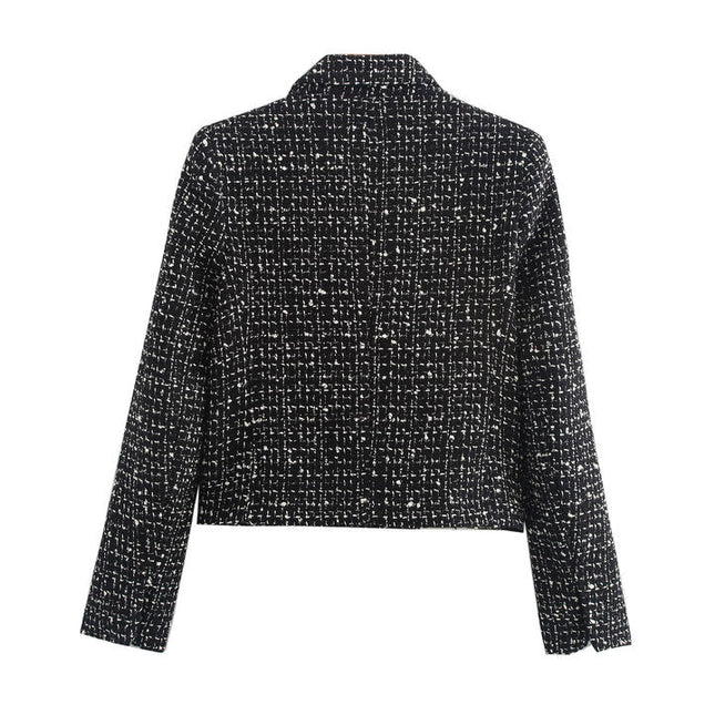 Black Color Plaid Pattern Double Breasted Long Sleeve Notched Collar Casual Fashion blazer for Women