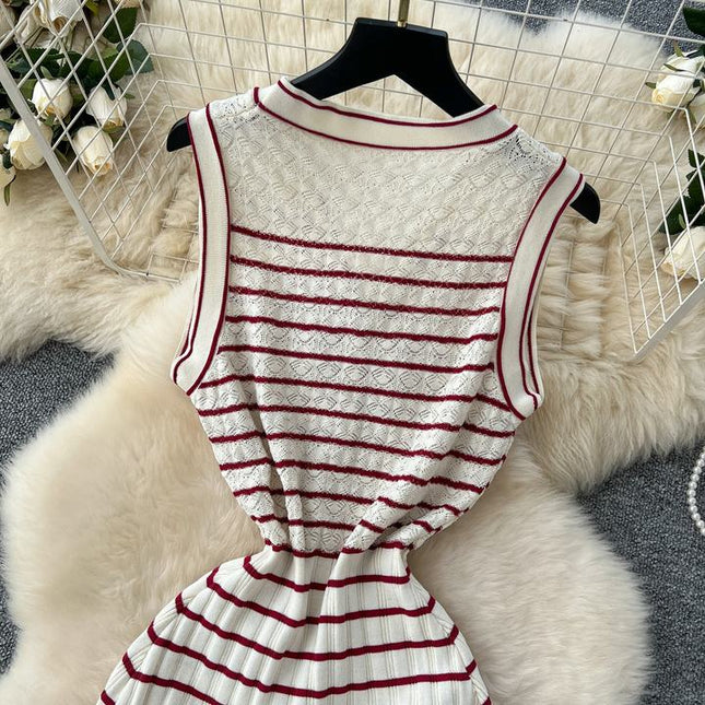 2025 Summer Striped Midi Dress Women Sleeveless Empire Dress