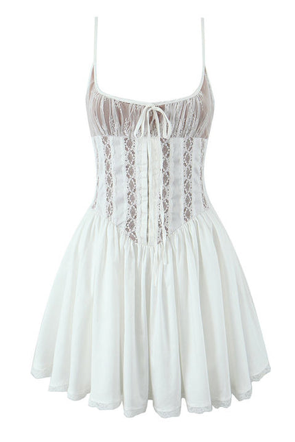 Spaghetti Strap White Color Front Lace up Hot Sale Casual Fashion Cotton Mini slip Dress for Women