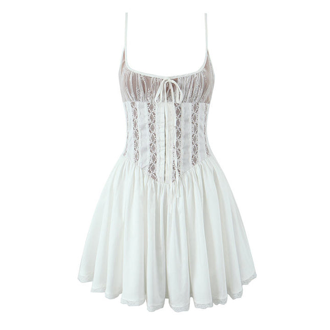Spaghetti Strap White Color Front Lace up Hot Sale Casual Fashion Cotton Mini slip Dress for Women