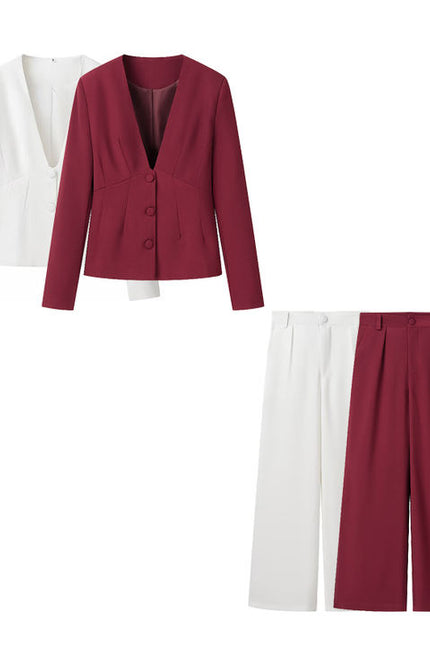 2 Colorway v Neck Long Sleeve Single Breasted blazer Solid Color Long Pants Casual Fashion Women 2 Piece Set