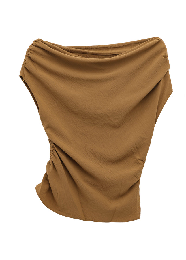 2 Colorway Asymmetrical Design Pleated Solid Color Crew Neck Casual Fashion Tops Blouse for Women