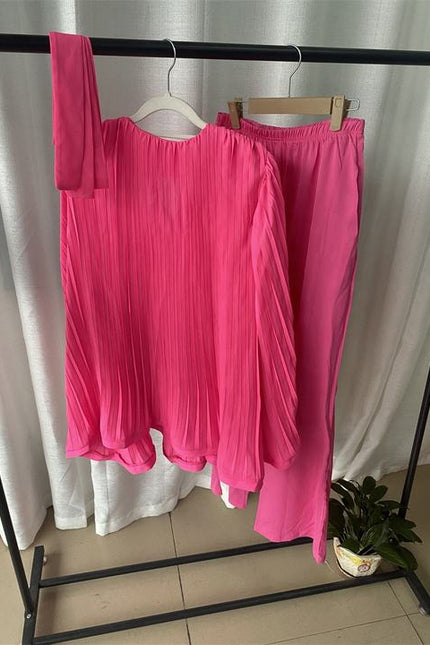 Hot Sale Women'S Suit New Fashion Tie Pleated Loose Top Wide Leg Trousers Two 2 Piece Pants Set Women Clothing