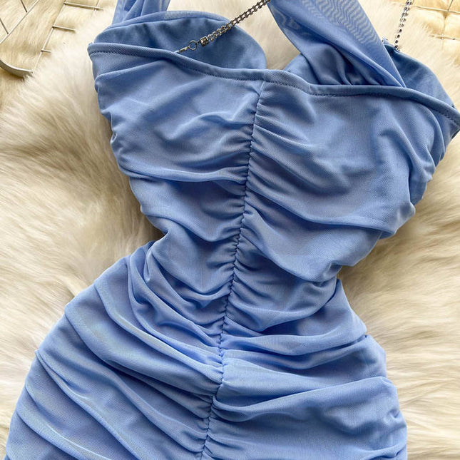 Sleeveless V-neck Summer Halter Mesh High Waist Mini Dress Ladies Sexy Dresses Clothes Women Wholesale