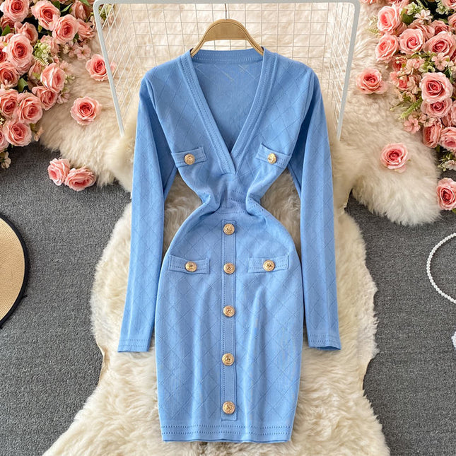 Wholesale Autumn and Winter V Neck Bodycon Elegant Jersey Casual Dresses for Women