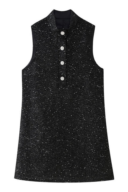 Stand Collar Black Color Sequin Buttons up Sleeveless Casual Fashion Mini Dress for Ladies