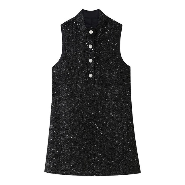 Stand Collar Black Color Sequin Buttons up Sleeveless Casual Fashion Mini Dress for Ladies