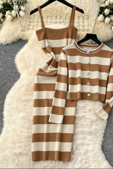 Striped Cardigan Coat Two-piece Dress for Women Vintage Charm Elegant Temperament Slimming Effect Sexy Form-fitting Maxi Dress