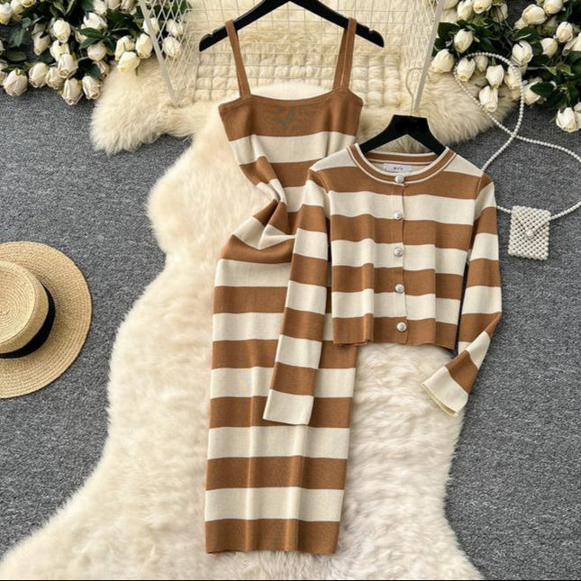 Striped Cardigan Coat Two-piece Dress for Women Vintage Charm Elegant Temperament Slimming Effect Sexy Form-fitting Maxi Dress