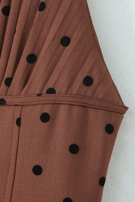 Back Hollow Out Brown Color Polka Dot Print Hot Sale Casual Fashion Summer Mini Halter Dress for Women