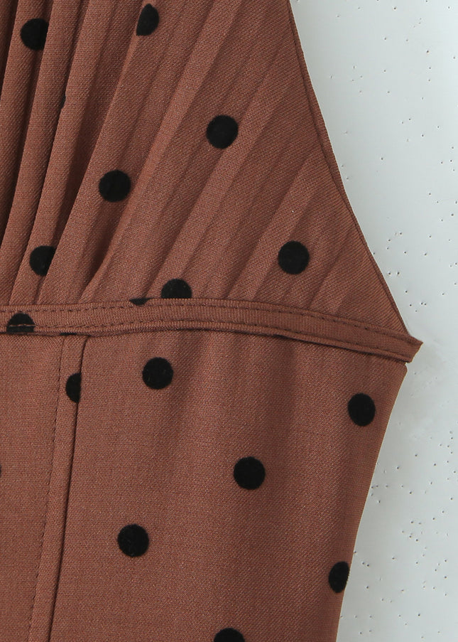 Back Hollow Out Brown Color Polka Dot Print Hot Sale Casual Fashion Summer Mini Halter Dress for Women