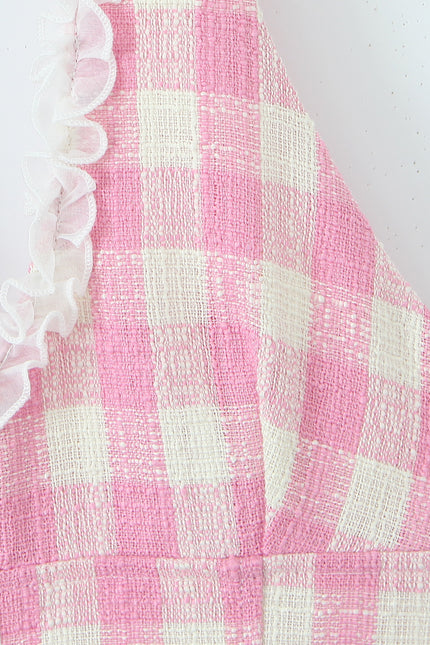 Back Hollow Out pink Color Plaid Print Hot Sale Casual Fashion Summer Mini Halter Dress for Women