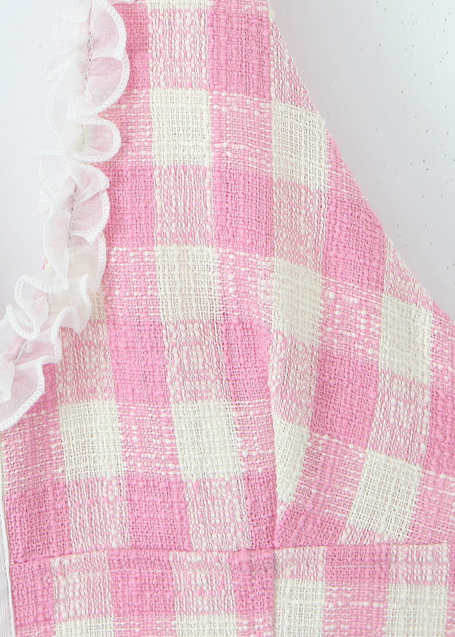 Back Hollow Out pink Color Plaid Print Hot Sale Casual Fashion Summer Mini Halter Dress for Women