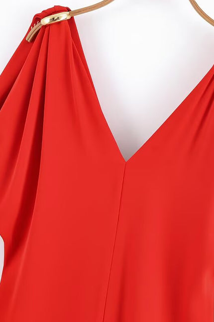 V Neck Red Color Short Sleeve Casual Fashion Summer Dress for Women
