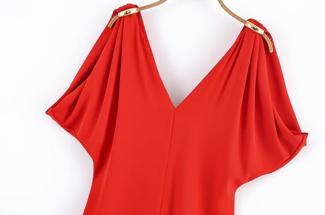 V Neck Red Color Short Sleeve Casual Fashion Summer Dress for Women