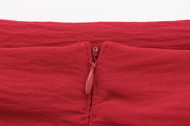 Slash Neck Long Sleeve Red Color Pleated Back Zipper Fly Casual Fashion Tops Shirts for Women