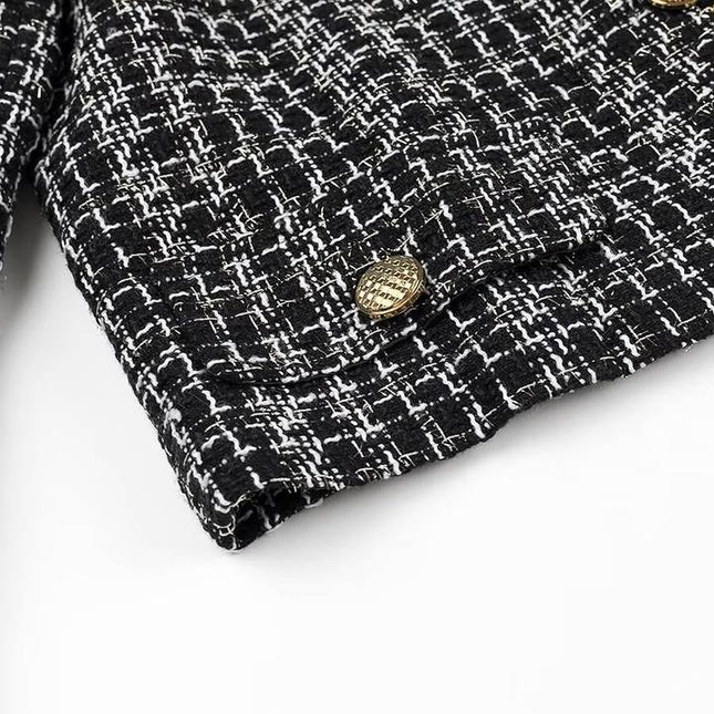 Crew Neck Single Breasted Black Color Long Sleeve Casual Fashion Tweed Jacket for Women