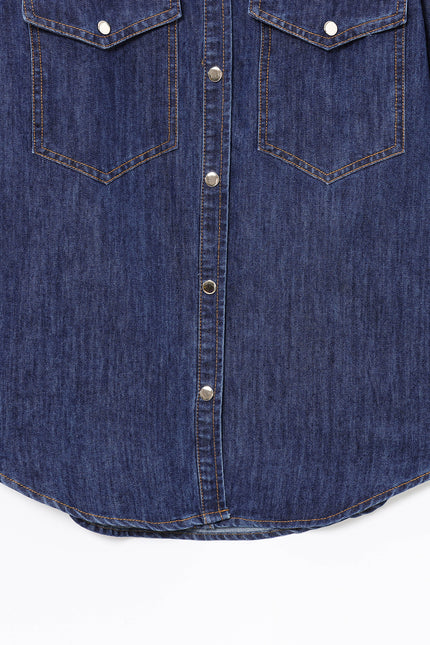 Denim Blue Color Buttons up Long Sleeve Long Sleeve Casual Fashion Jeans Tops Blouse for Women