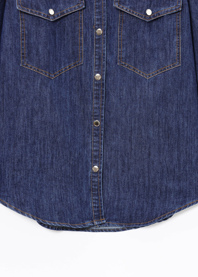 Denim Blue Color Buttons up Long Sleeve Long Sleeve Casual Fashion Jeans Tops Blouse for Women