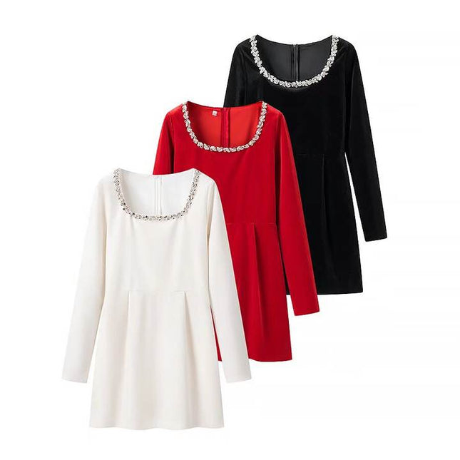 3 Colorway Solid Color square Collar with Beading Long Sleeve Zipper Fly Casual Fashion Mini Dress for Women