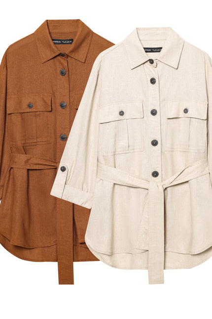 2 Colorway Turn Down Collar Sashes Long Sleeve Solid Color Buttons up Casual Fashion Tops Blouse for Women