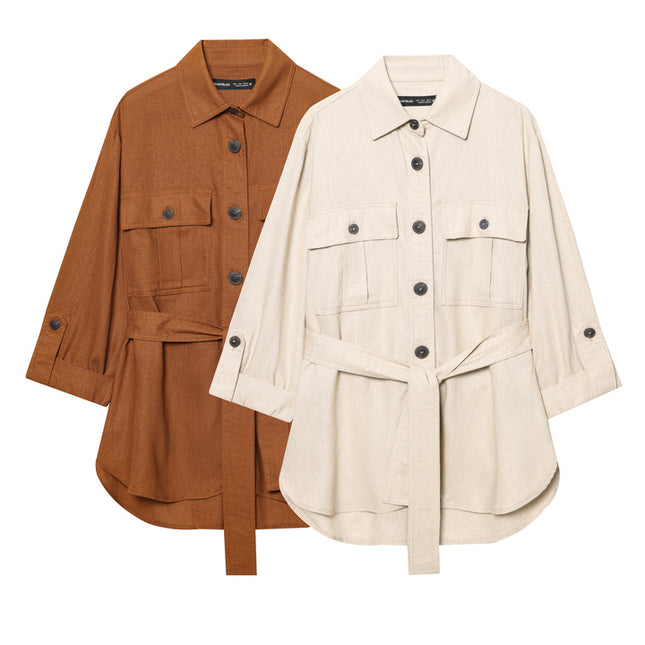 2 Colorway Turn Down Collar Sashes Long Sleeve Solid Color Buttons up Casual Fashion Tops Blouse for Women
