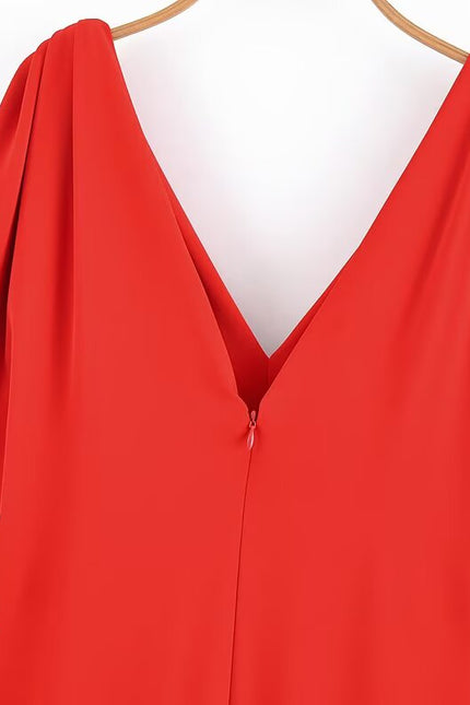 V Neck Red Color Short Sleeve Casual Fashion Summer Dress for Women