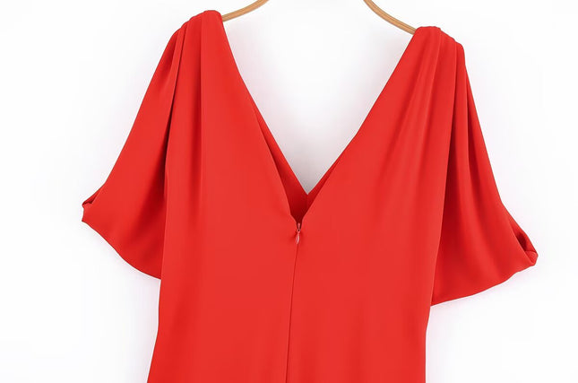 V Neck Red Color Short Sleeve Casual Fashion Summer Dress for Women