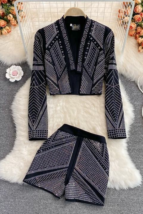 Fashionable Style Hot Diamond Suit Coat Women's Foreign Style Short Top Two Piece Set High Waist Wide Leg Shorts Fashion
