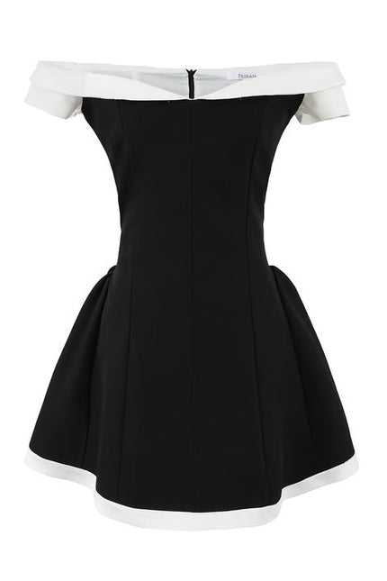 Slash Neck Black Color Zipper Fly Short Sleeve Casual Fashion Summer Mini Dress for Women
