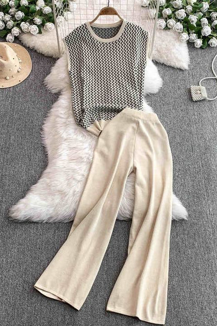 Two-piece Set Vintage Wavy Patterned Knitted Sleeveless Top and Stylish High-waisted Wide-leg Long Trousers