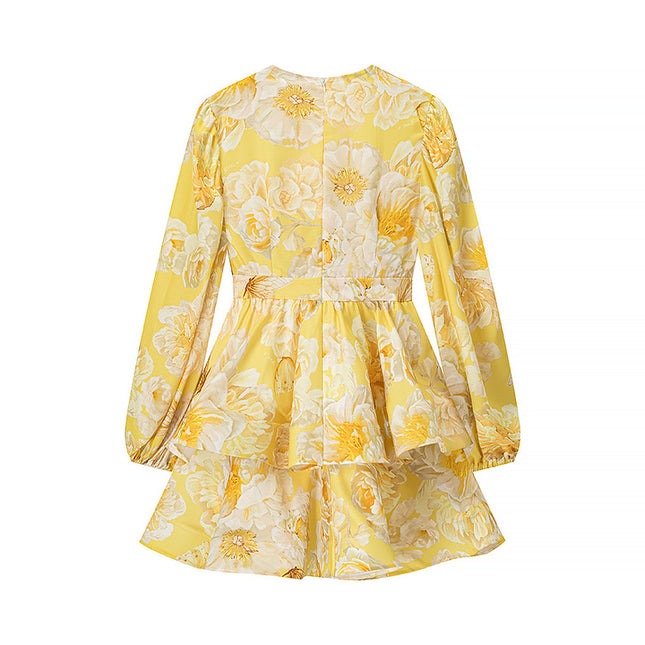 3 Colorway v Neck Long Sleeve Zipper Fly Floral Print Causal Fashion Mini Dress for Women